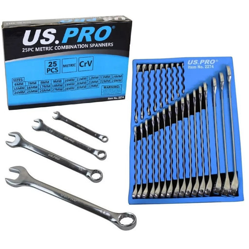 25pc METRIC COMBINATION SPANNER SET by US PRO TOOLS 6mm/32mm In EVA Foam Tray