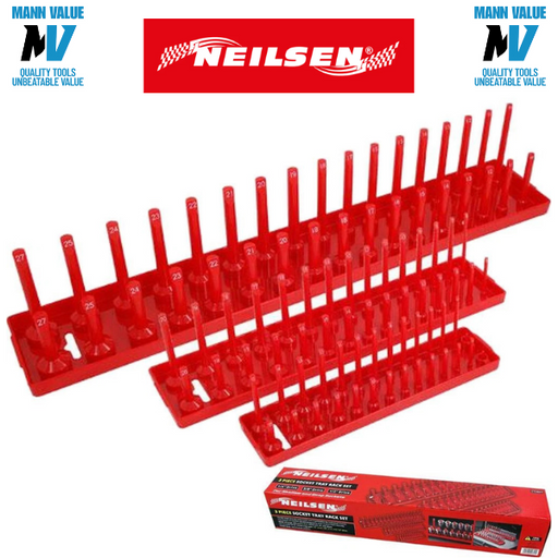 Neilsen 3pc Socket Stand Tray Rack Storage Rail Holder 1/2" 3/8" 1/4" Sockets