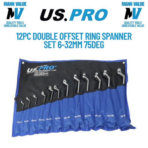 US PRO Tools Off-set 12pc Metric Double Ring 75DEG Spanners Set Swan Neck 3526