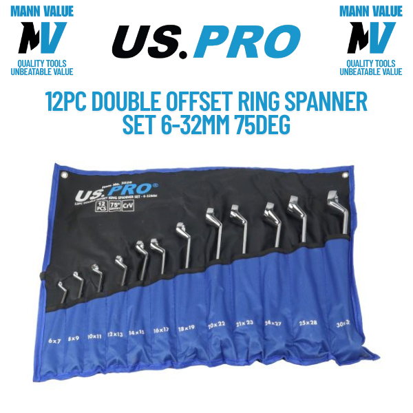 US PRO Tools Off-set 12pc Metric Double Ring 75DEG Spanners Set Swan Neck 3526