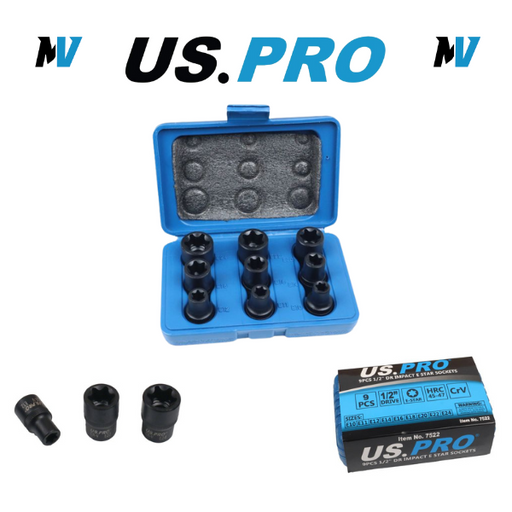 US PRO Tools 9PCS 1/2" DR Impact E-Star Sockets Female Torx E10 - E24 7522