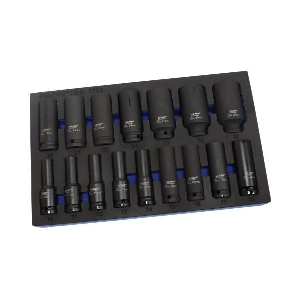 US PRO INDUSTRIAL 16pc 1/2" DR 6PT European Deep Impact Sockets 10 - 32mm 3954
