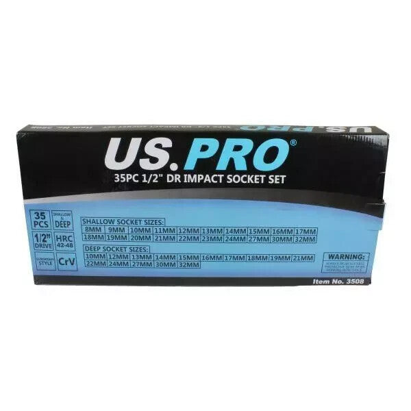 US PRO Tools 35pc 1/2" Dr 6 Point Deep & Shallow Impact Sockets Set In EVA Foam