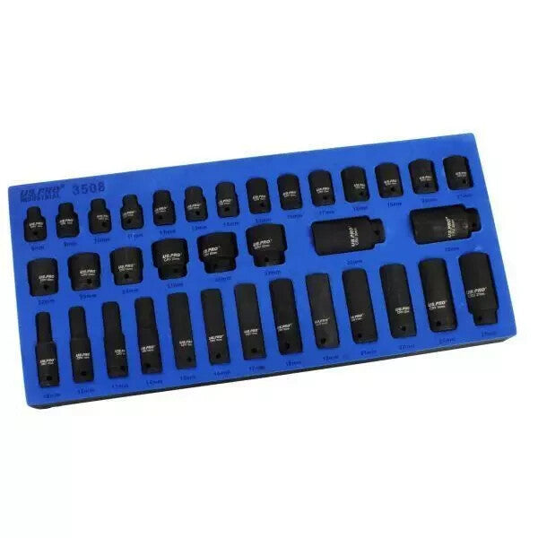 US PRO Tools 35pc 1/2" Dr 6 Point Deep & Shallow Impact Sockets Set In EVA Foam
