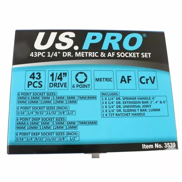 US PRO Tools 43pc 1/4" dr Metric & AF, Imperial Socket Set, Ratchet, Bars, 3539