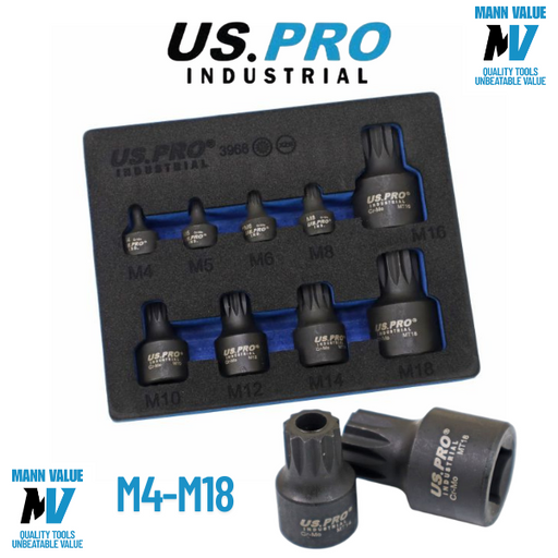 US PRO Industrial Stubby Impact XZN Spline Bit Socket Set M4-M18 3968 Sockets