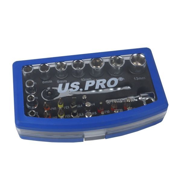 US PRO 31 Piece 1/4" Dr Socket & Bit Set With Ratchet 3219