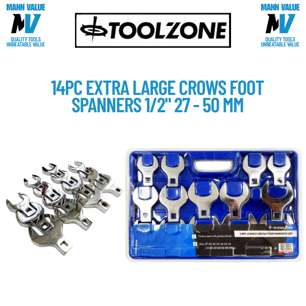 14pc Extra Large Crows Foot Feet 1/2" Nut Spanners Wrenches 27 - 50 mm