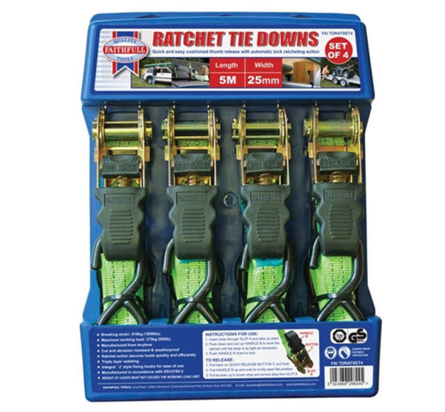 Faithfull Ratchet Tie Down Strap Set 4 Piece 5m x 25mm FAITDRATSET4 XMS24RATCHET